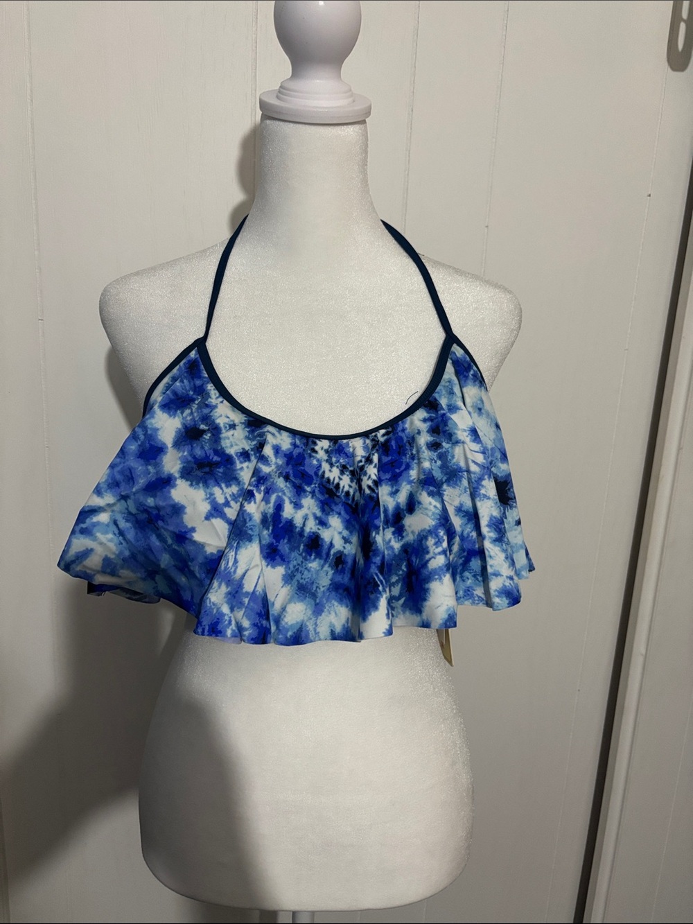 Pink Envelope Blue Tie-Dye Ruffle Halter Bikini Top